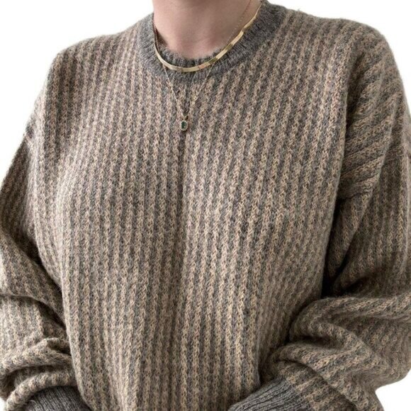 Vintage Jaeger 100% Alpaca Grey Tan Striped Soft Oversized Preppy Sweater Sz L - Picture 7 of 8